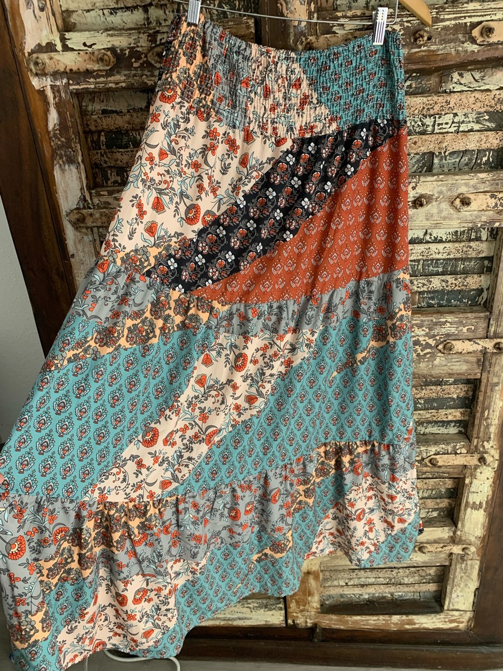 Boho Patchwork Smocked Waist Tiered Long Maxi Skirt, Teal Rust Cottagecore, L - Picture 2 of 10